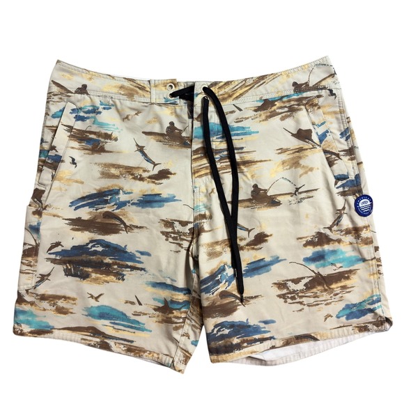 AFTCO Other - AFTCO American Fishing Tackle Co Mens Board Shorts Beige Fishing Print Size 38